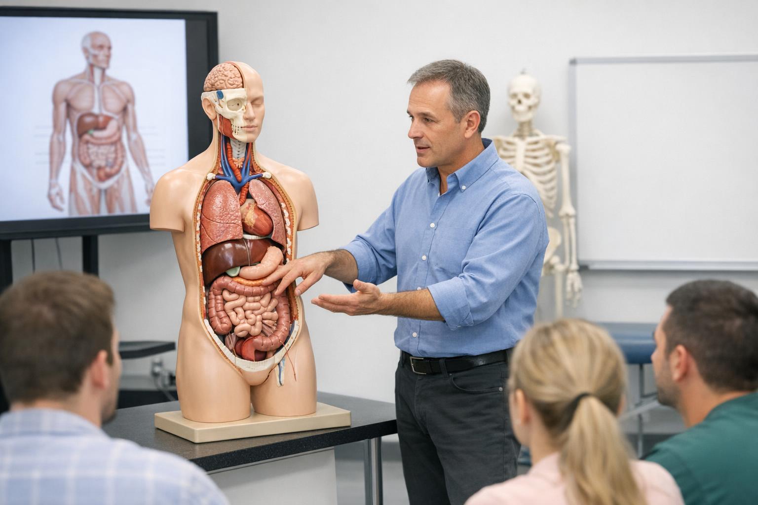 wykładowca omawiający technikę na modelu anatomicznym