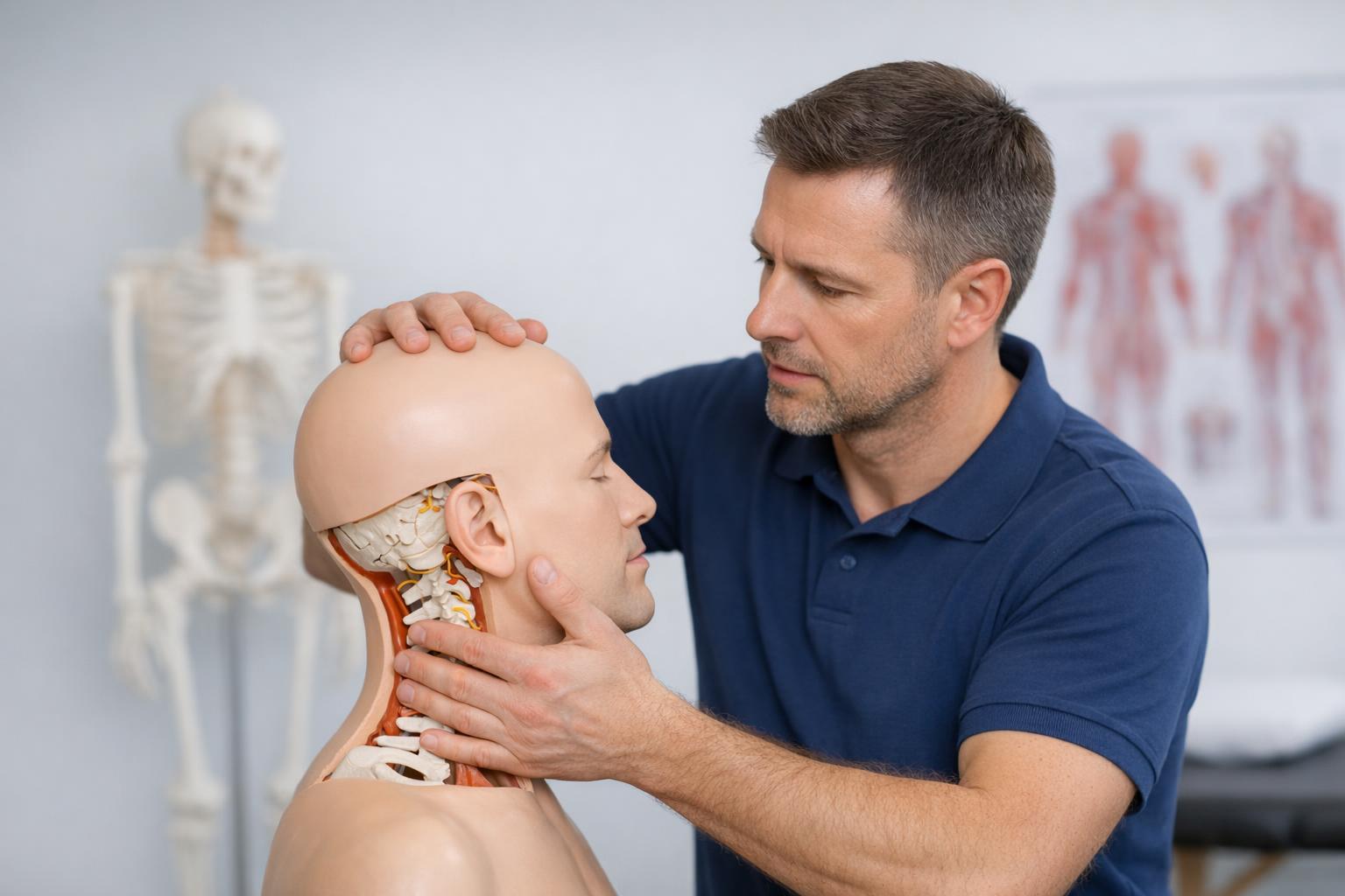Zdjęcie instruktora pokazującego technikę manualną na modelu głowy