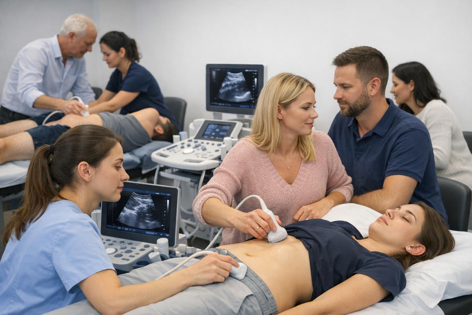 Zdjęcie: Zajęcia praktyczne z ultrasonografii - uczestnicy skanują różne partie ciała
