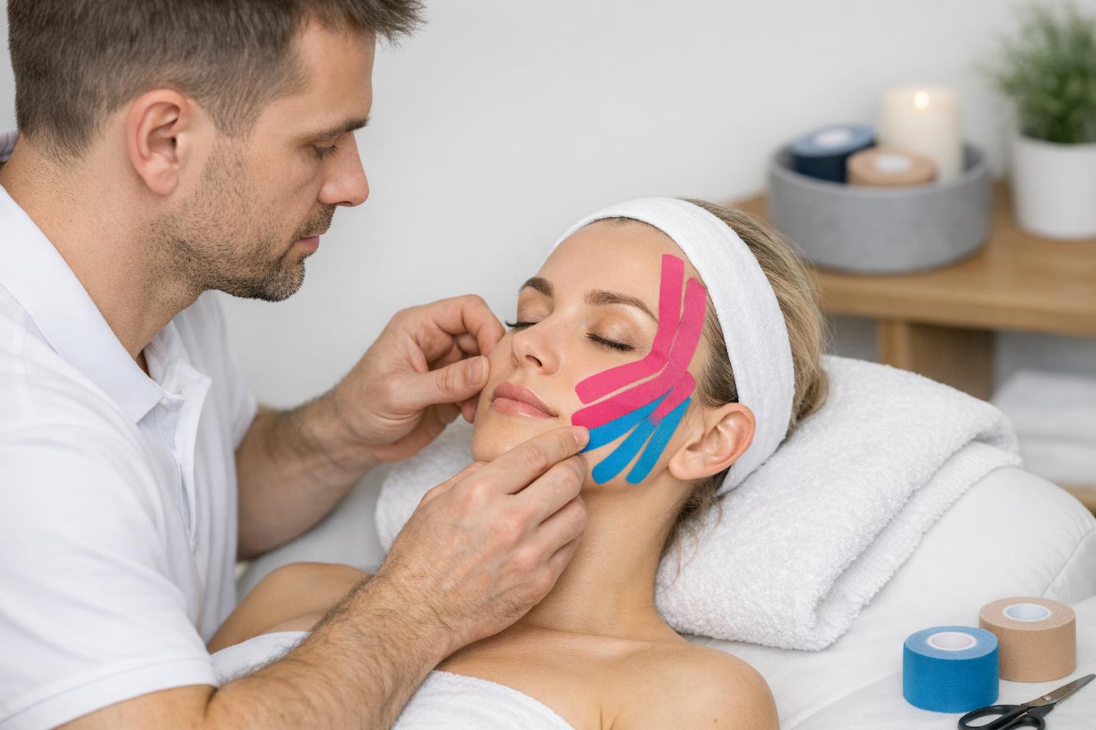 Zdjęcie przedstawiające terapeutę wykonującego kinesiotaping twarzy na modelce