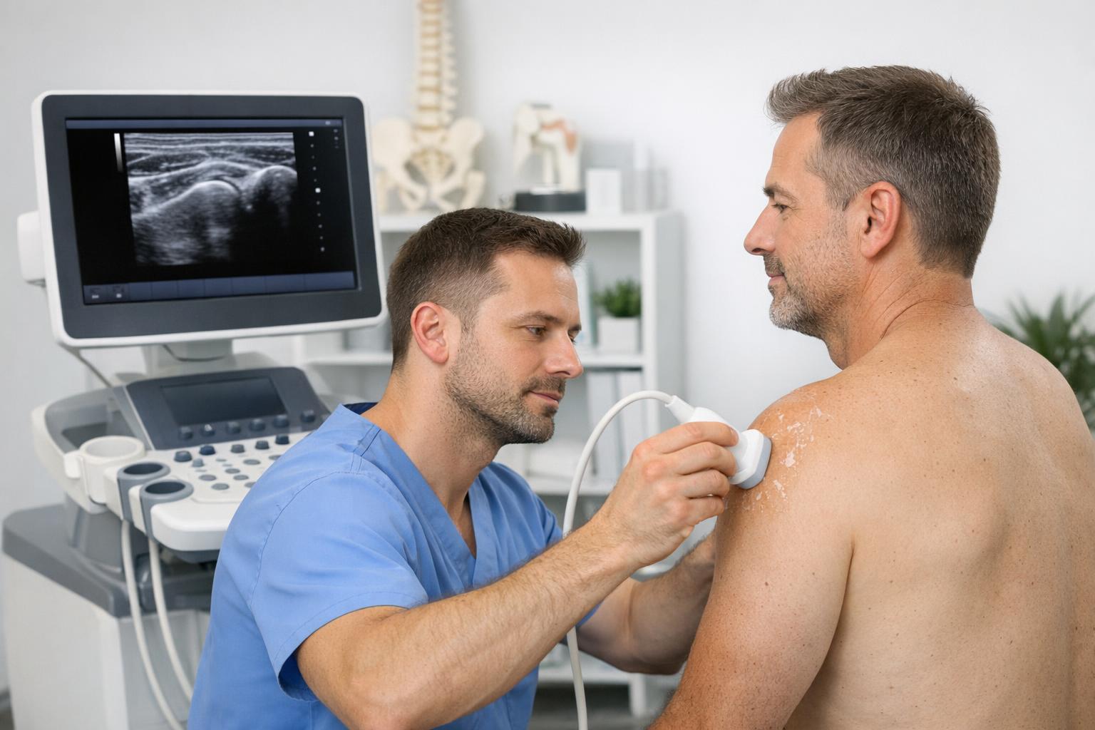 Zdjęcie: fizjoterapeuta wykonujący badanie ultrasonograficzne barku pacjenta