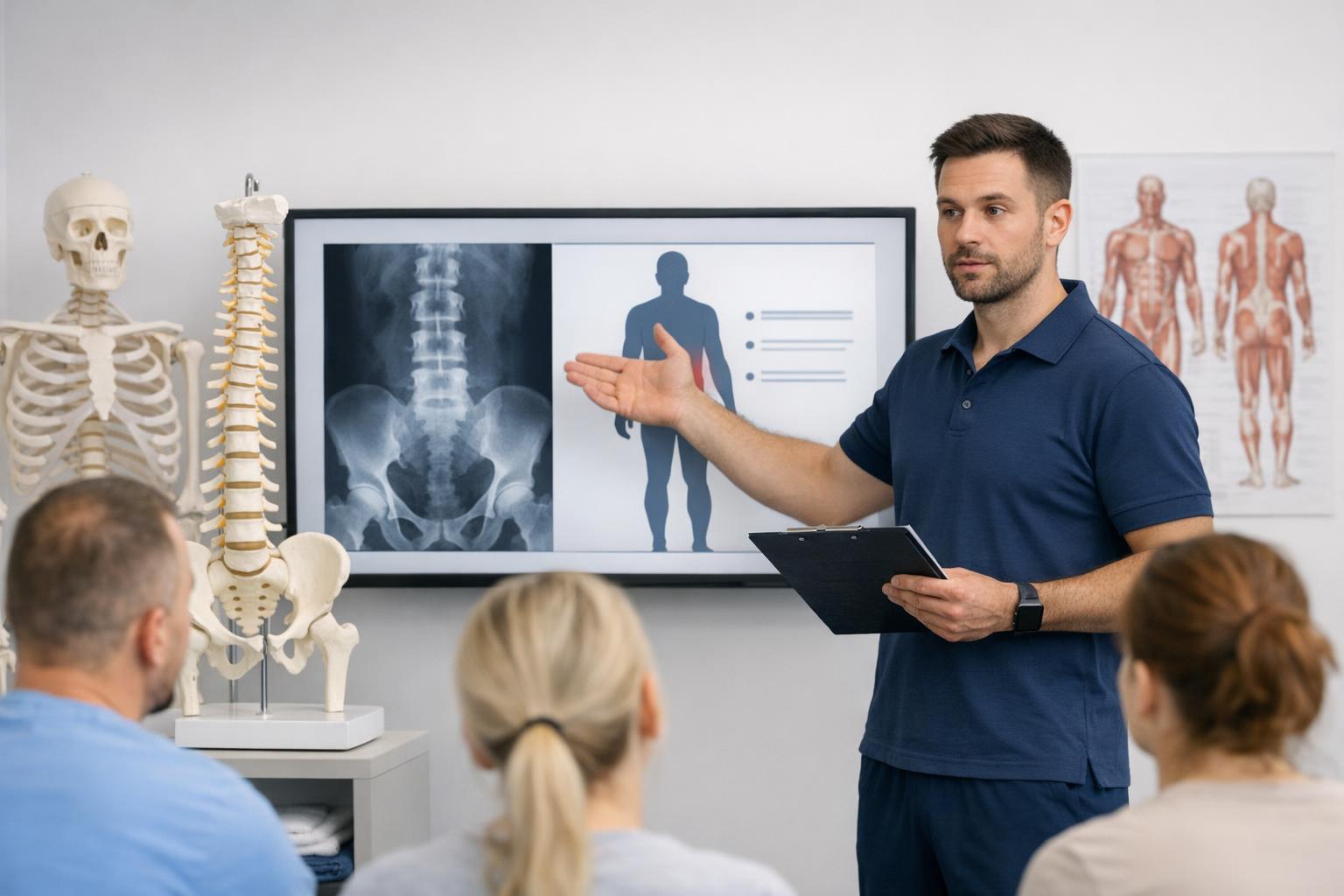 zdjęcie fizjoterapeuty omawiającego przypadek pacjenta z kursu